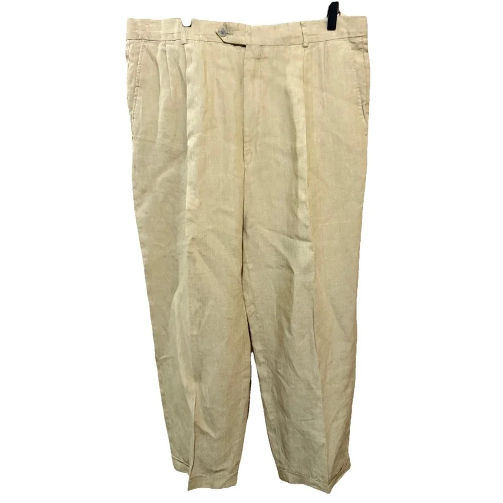 Paul Frederick Pants Mens 38X 28 Khaki  Linen Classic Fit‎ Lightweight Summer